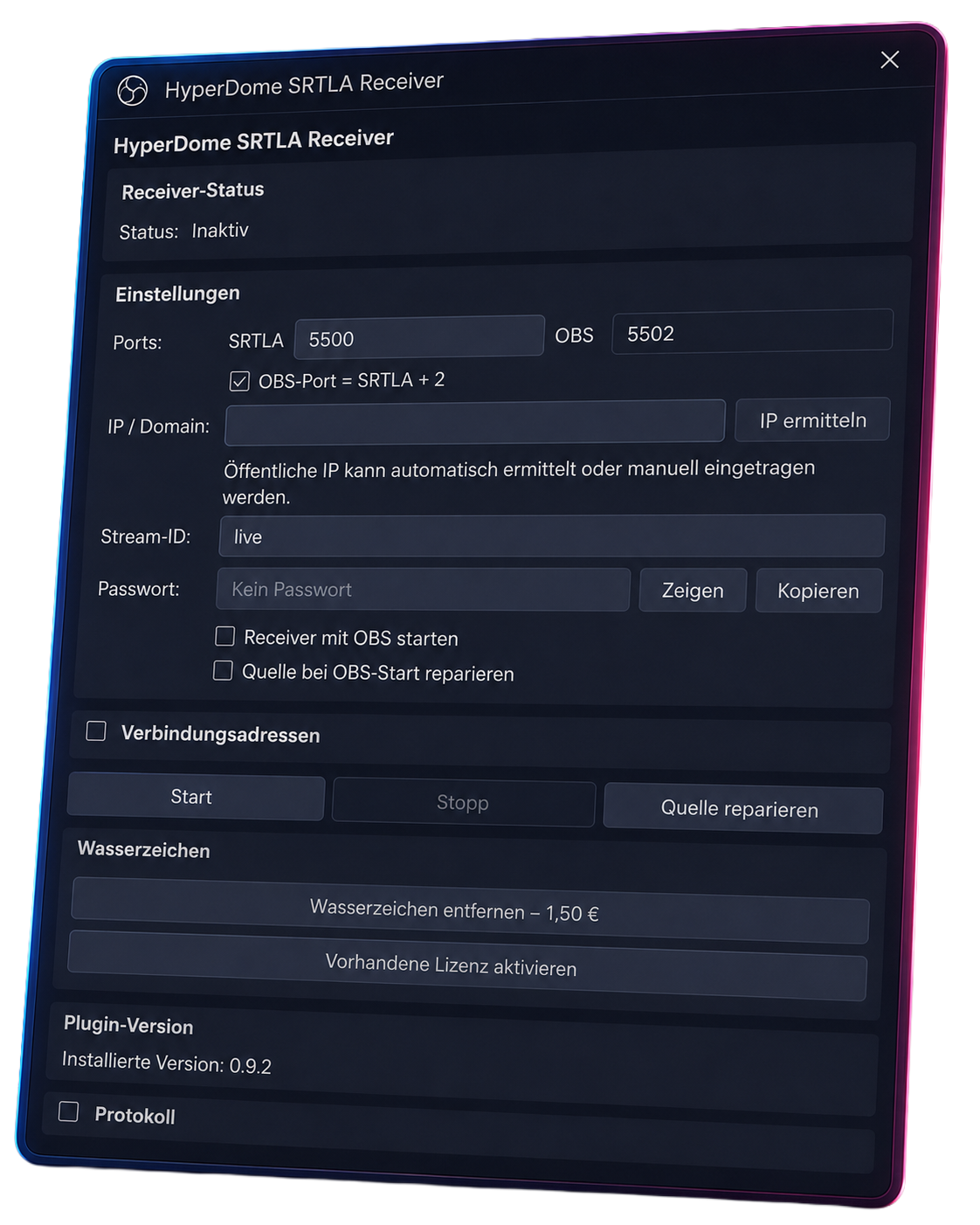 Aktueller Screenshot des HyperDome SRTLA Receiver Plugins